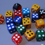 a photo of dices in happy colors on a table