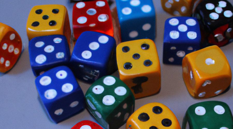a photo of dices in happy colors on a table