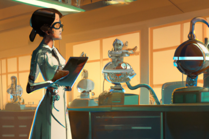 a female scientist testing a chatbot in a laboratory