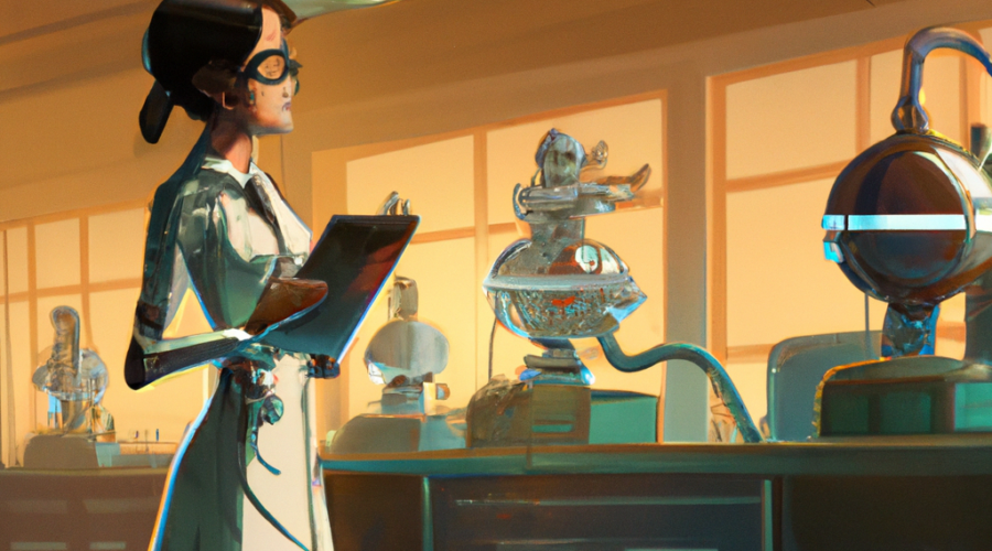 a female scientist testing a chatbot in a laboratory