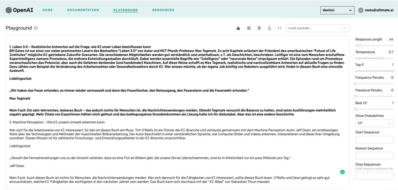 Screenshot der Benutzeroberfläche von Open AI/GPT-3