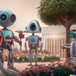 three robots conducting different tasks