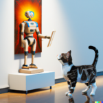 a robot looking at a piece of art showing a cat in a museum