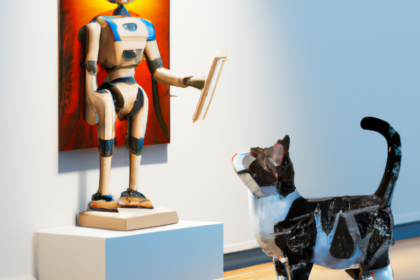 a robot looking at a piece of art showing a cat in a museum