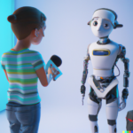 a robot being interviewed by a human journalist, digital art
