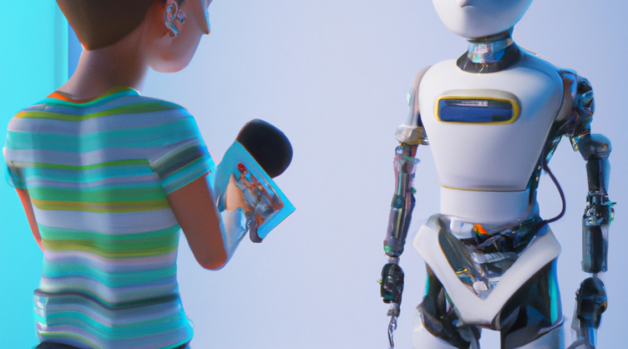 a robot being interviewed by a human journalist, digital art